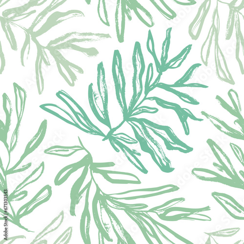 Rosemary branches seamless pattern in green shades. Brush drawn foliage silhouettes.