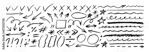 Hand drawn doodle design elements, charcoal or pencil drawn punctuation marks.