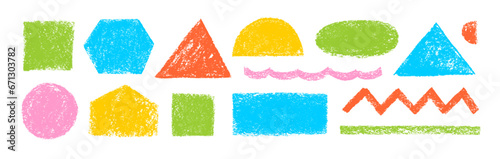 Set of colorful charcoal geometric basic shapes. Hand drawn pencil or crayon texture. photo