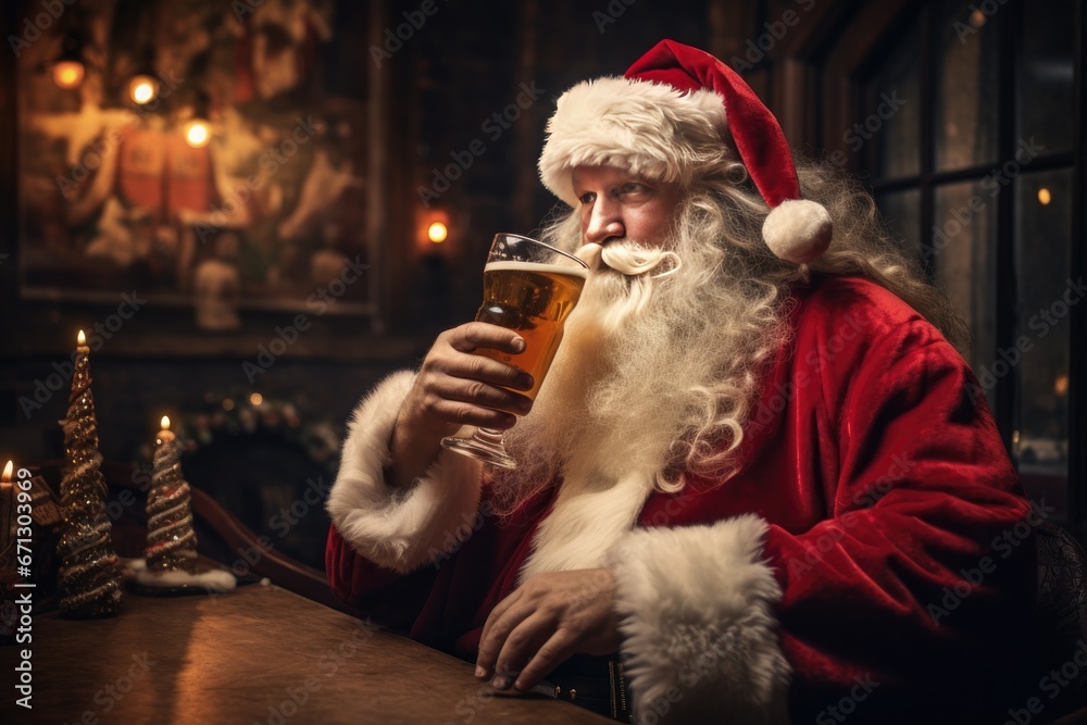 Santa Claus Drinking a Christmas Beer in a Bar