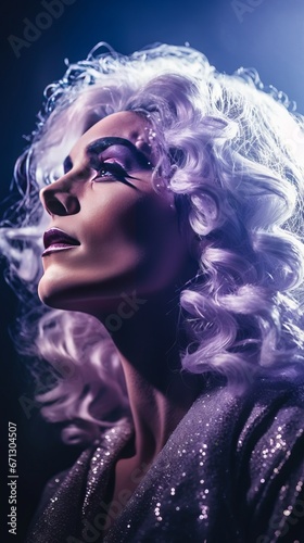 A fabulous drag queen with lavender hair staring in a show with dramatic stage lighting. Generative AI. 