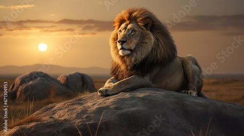 A male lion is sitting on the top of the rock lookin