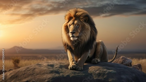 A male lion is sitting on the top of the rock lookin photo