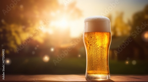 Fresh cold beer in glass and free space for your bottle  on a wooden table  blurred bokeh Bar interior festival background