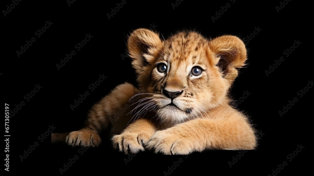 Obraz premium adorable lion cub lying isolated on black panoramic