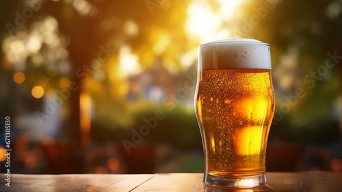 Fresh cold beer in glass and free space for your bottle on a wooden table blurred bokeh Bar interior festival background