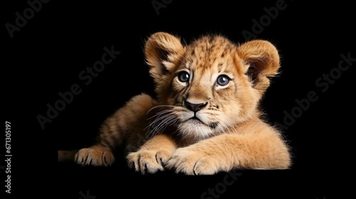 adorable lion cub lying isolated on black panoramic