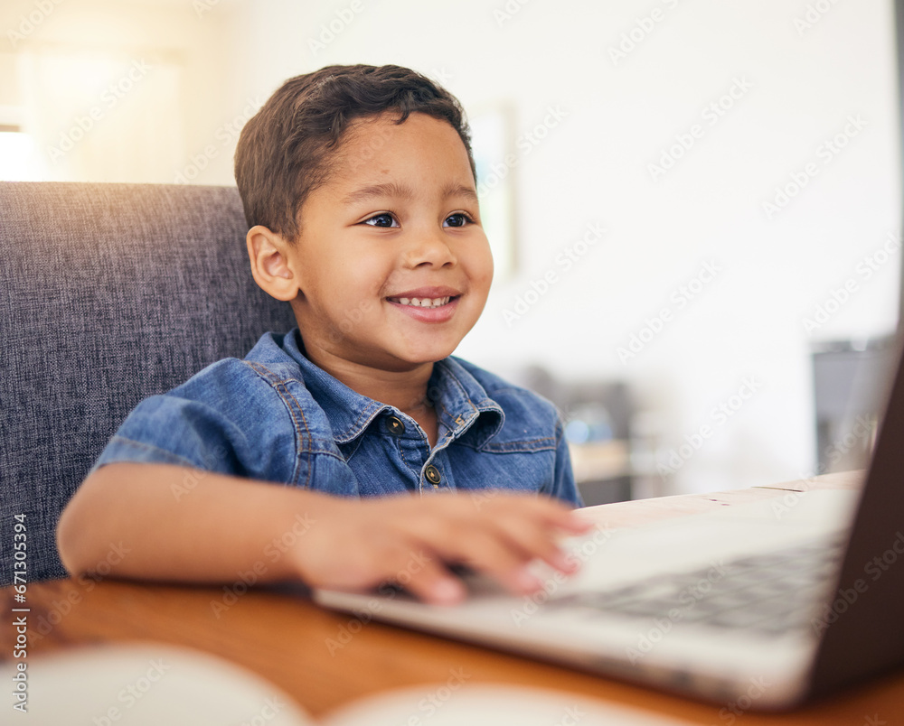 Happy little boy, laptop and elearning in virtual classroom at home for education, learning or communication. Face of child, student or kindergarten working on computer for online learning in house Happy little boy, laptop and elearning in virtual classroom at home for education, learning or communication. Face of child, student or kindergarten working on computer for online learning in house