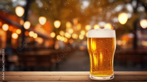 Fresh cold beer in glass and free space for your bottle on a wooden table blurred bokeh Bar interior festival background