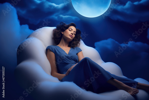 A woman sleeps on a cloud-shaped chair surrounded by clouds. Sleeping well is a fundamental physiological need that positively impacts our physical and mental health photo