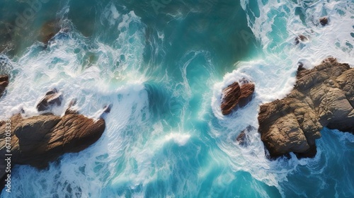 Aerial view of sea and rocks ocean blue waves crashi