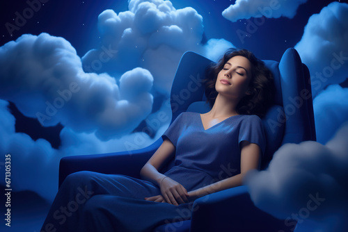 A young woman sleeps peacefully on a blue chair in the sky surrounded by clouds; it is essential to prioritize good sleep hygiene to improve our health and mental state photo