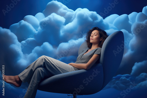 A young woman sleeps in an armchair surrounded by clouds. Restorative sleep rejuvenates us at night, resulting in better aerobic endurance upon waking up photo