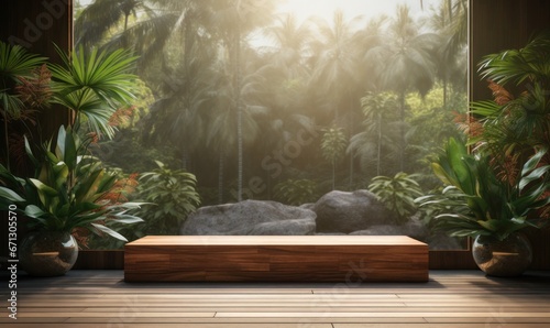 Realistic mockup podium with tropical scene for product display or showcase