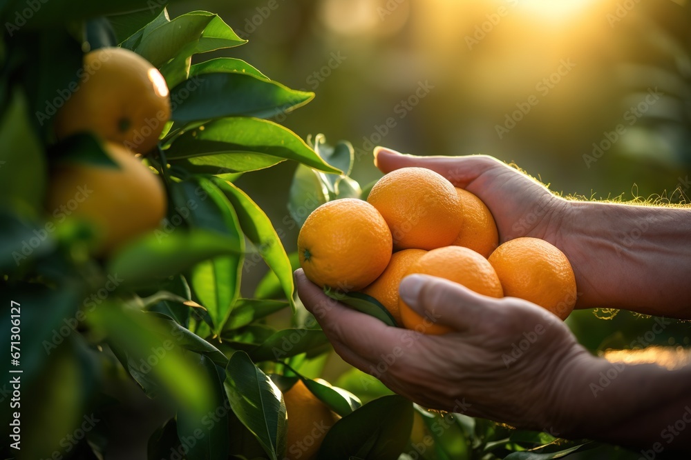 Hands holding delicious organic oranges in orchard. Unrecognizable person Hands holding delicious organic oranges in orchard. Unrecognizable person