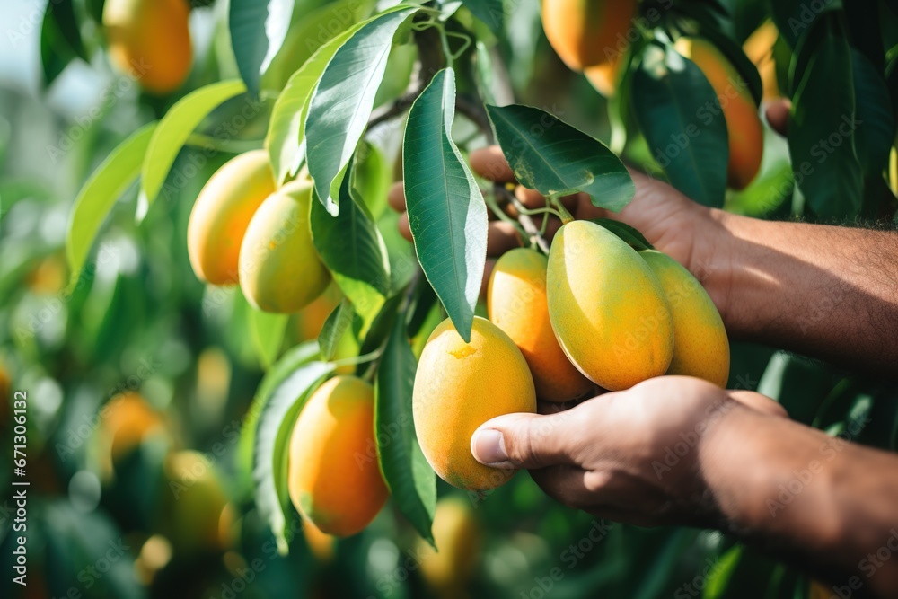 Close up shot of hands picking mangos from tree branch