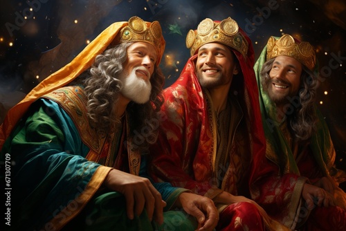 Wise Men Follow the Guiding Star on Their Pilgrimage to Find the Infant Savior, Bearing Gifts of Gold, Frankincense, and Myrrh photo