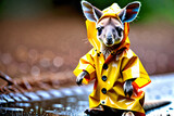 Baby kangaroo in raincoat.
Generative AI.