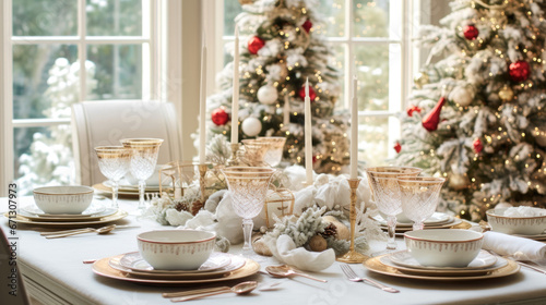 A festive holiday table setting with a Christmas tree centerpiece and elegant decorations.