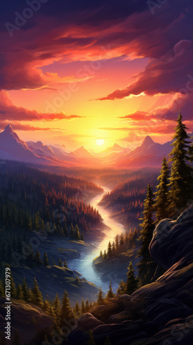 A painting of a beautiful sunset over a river © cac_tus