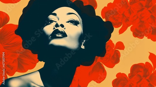 Beautiful black woman portrait, 60s risograph style illustration