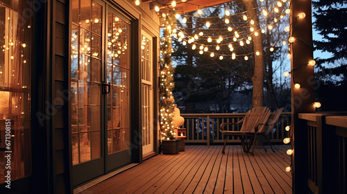 Sparkling Christmas lights hanging on a porch, illuminating the winter night.