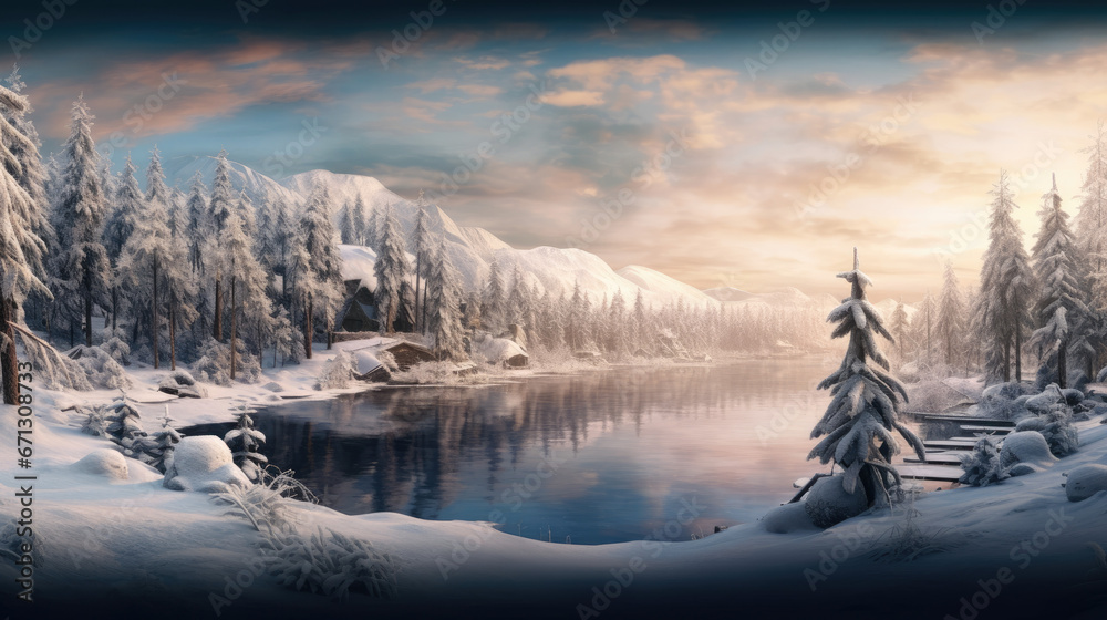 A panoramic view of a winter wonderland with snow-covered trees and a frozen lake.