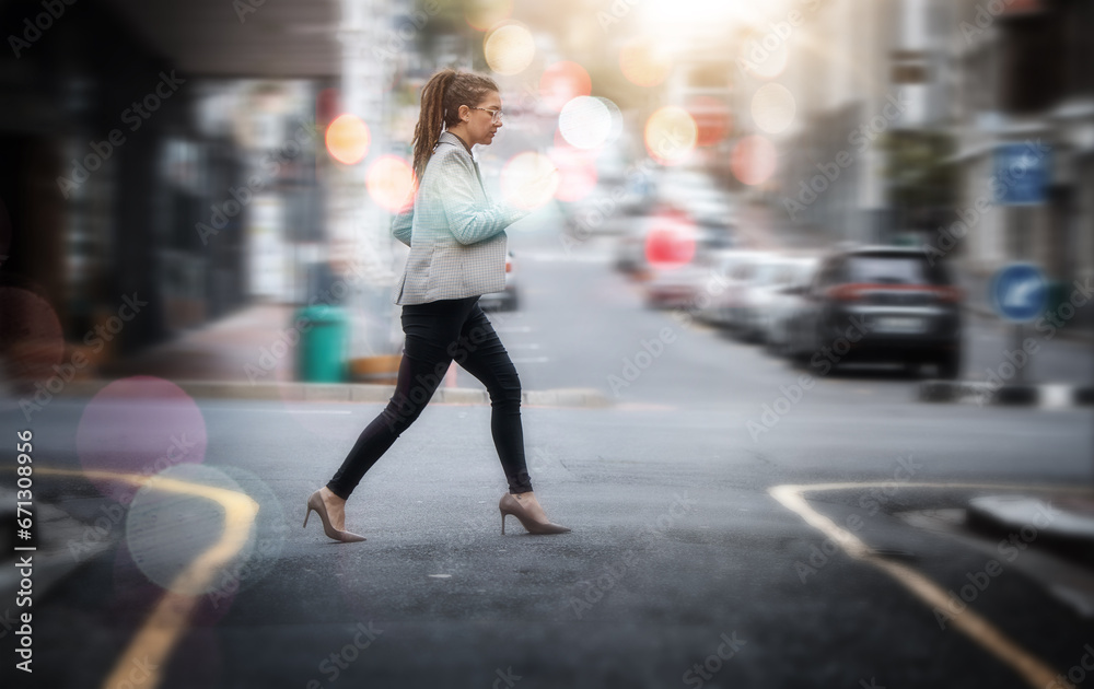Walking, business and a woman crossing a street in the city while in a rush or late for work. Road, pedestrian and travel with a young female employee on her commute in an urban town for opportunity