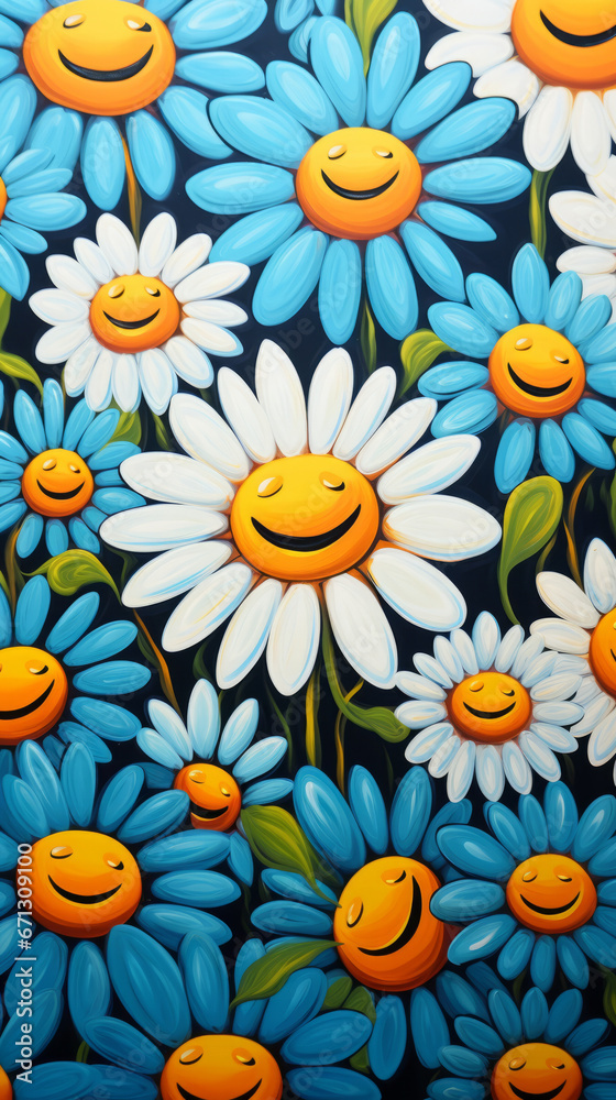 A painting of a bunch of flowers with smiley faces A painting of a bunch of flowers with smiley faces