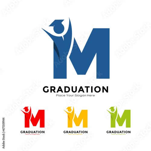 Letter M graduation with cap. Vector logo design. Suitable for business, education, initial name, poster and label