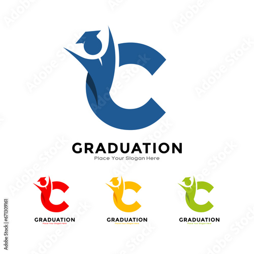 Letter C graduation with cap. Vector logo design. Suitable for business, education, initial name, poster and label