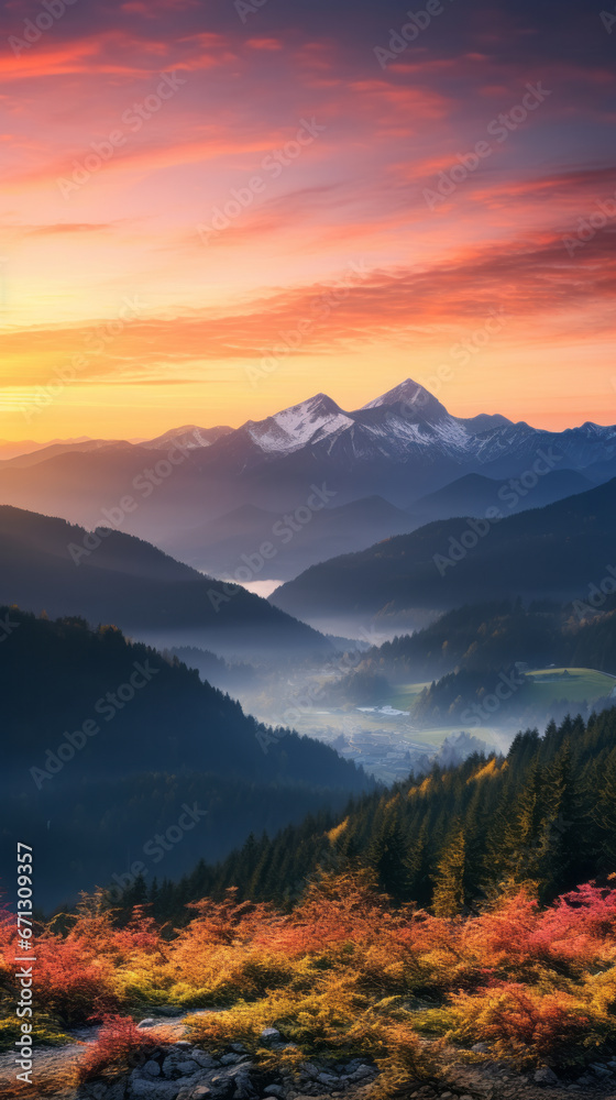 A scenic view of a mountain range at sunset