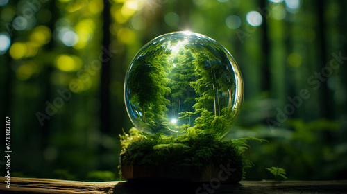 realistic photo with a close-up view of a glass globe placed on a wooden pedestal in the heart of a dense, healthy forest. The details of the globe should be sharp and clear