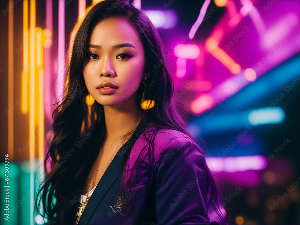 candid portrait of A stunning Filipina stands out in a bokeh neon lights. Beautiful 25-year-old Filipina standing confidently at a concert venue.