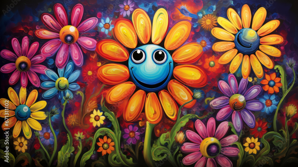 Naklejka premium A painting of colorful flowers with a smiley face