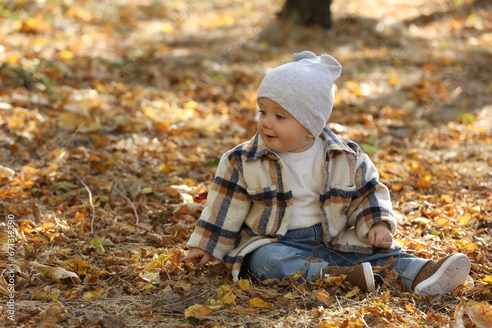 Cute little child on ground with dry autumn leaves outdoors, space for text Cute little child on ground with dry autumn leaves outdoors, space for text