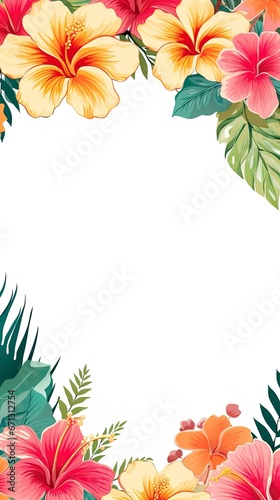 Frame of tropical Hawaiian style flowers and leaves on a white background. Room for text copy.