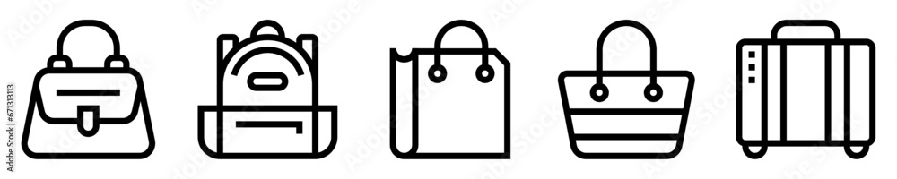 Conjunto de iconos de bolsas. Almacenamiento. Bolsa de mano, mochila, bolsa de compras y de playa, maleta de viaje. Ilustración vectorial