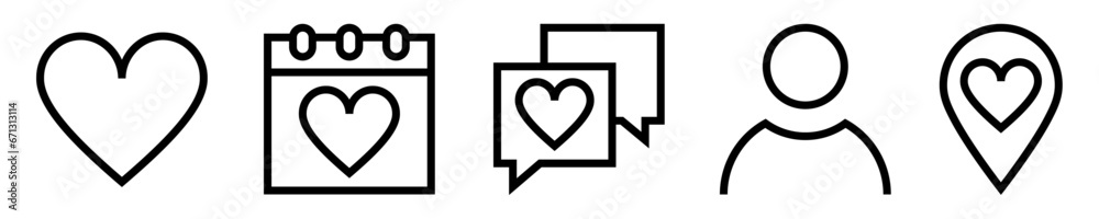 Conjunto de iconos de aplicación de citas. Conocer personas. Corazón, calendario de cita, interacción o mensaje, perfil del usuario, ubicación. Ilustración vectorial Conjunto de iconos de aplicación de citas. Conocer personas. Corazón, calendario de cita, interacción o mensaje, perfil del usuario, ubicación. Ilustración vectorial