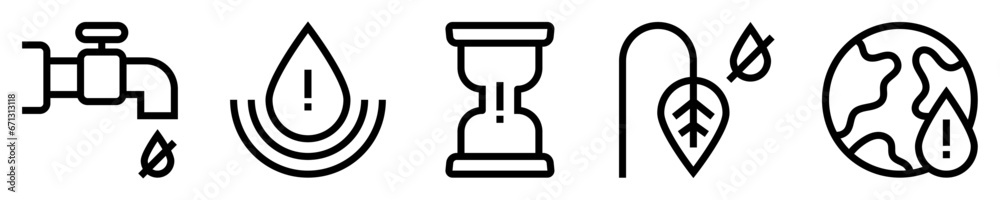 Conjunto de iconos de escasez de agua. Grifo cerrado, Gota de agua con signo de peligro, reloj de arena vacío, planta sedienta, planeta mundial sin agua. Ilustración vectorial Conjunto de iconos de escasez de agua. Grifo cerrado, Gota de agua con signo de peligro, reloj de arena vacío, planta sedienta, planeta mundial sin agua. Ilustración vectorial