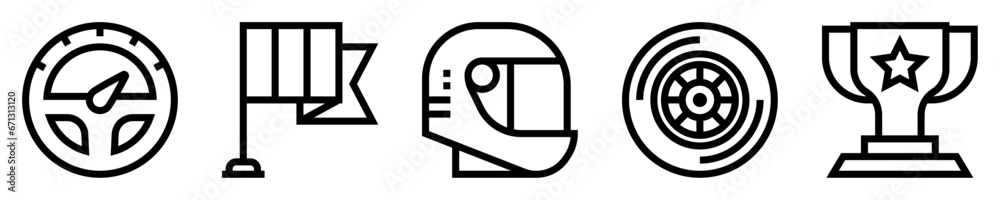Conjunto de iconos de carreras de coche. Competición automovilística. Volante, bandera de meta, casco de carreras, neumático, trofeo. Ilustración vectorial Conjunto de iconos de carreras de coche. Competición automovilística. Volante, bandera de meta, casco de carreras, neumático, trofeo. Ilustración vectorial