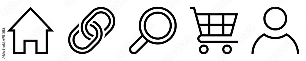 Conjunto de iconos de elementos de sitio web. Casa, inicio, enlace, vínculo, lupa, carrito de compras
usuario o perfil. Ilustración vectorial