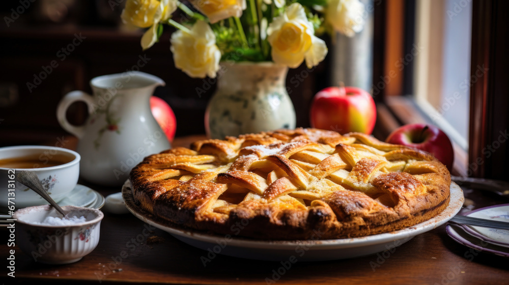 Apple pie by the window with fall decorative elements and apples