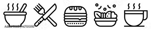 Conjunto de iconos de almuerzo. Comida y alimentos. Plato de comida, tenedor y cuchillo, sándwich, ensalada, taza de café. Ilustración vectorial