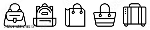 Conjunto de iconos de bolsas. Almacenamiento. Bolsa de mano, mochila, bolsa de compras y de playa, maleta de viaje. Ilustración vectorial