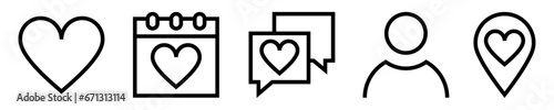 Conjunto de iconos de aplicación de citas. Conocer personas. Corazón, calendario de cita, interacción o mensaje, perfil del usuario, ubicación. Ilustración vectorial photo
