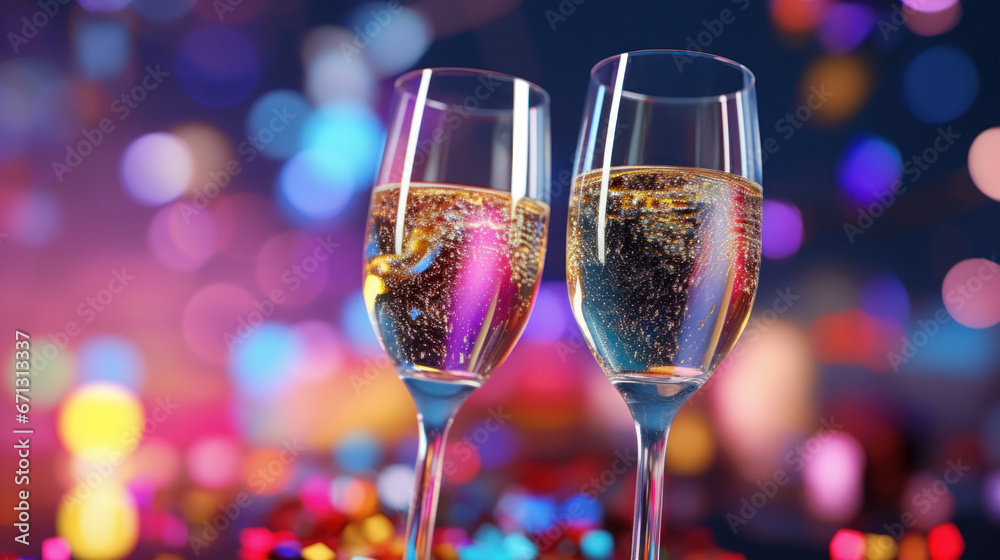 A two glass of sparkling wine on a colorful confetti on blur festive background A two glass of sparkling wine on a colorful confetti on blur festive background