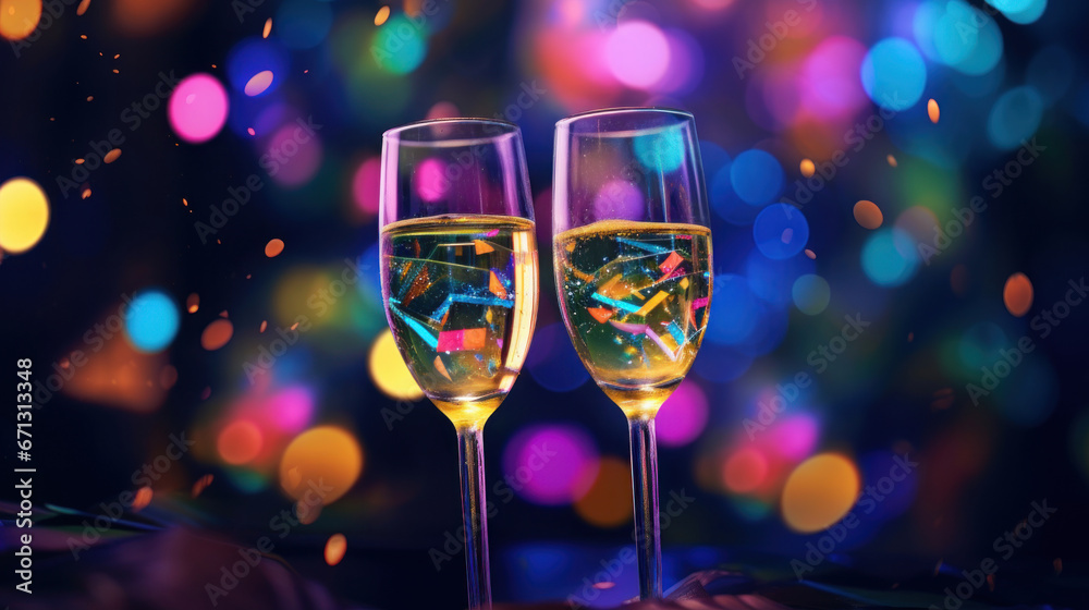 A two glass of sparkling wine on a colorful confetti on blur festive background A two glass of sparkling wine on a colorful confetti on blur festive background