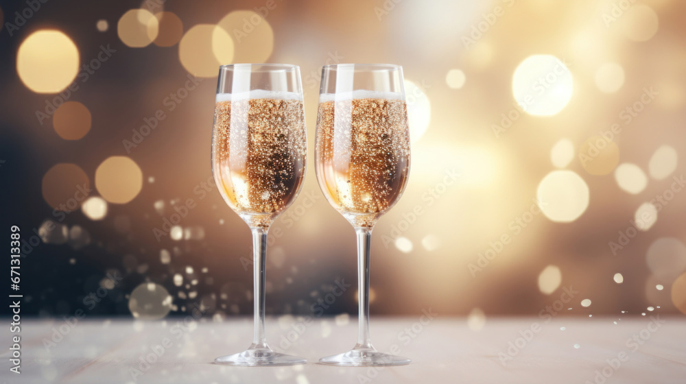 A two glass of sparkling wine on a confetti on blur festive background A two glass of sparkling wine on a confetti on blur festive background