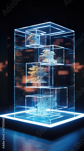 Enigmatic Ethereal Stage with Crystal-Clear Product Podium Suspended in the Infinite Cubic Expanse